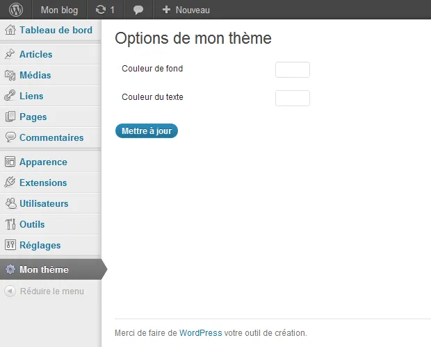 Page d'options pour notre thème WordPress